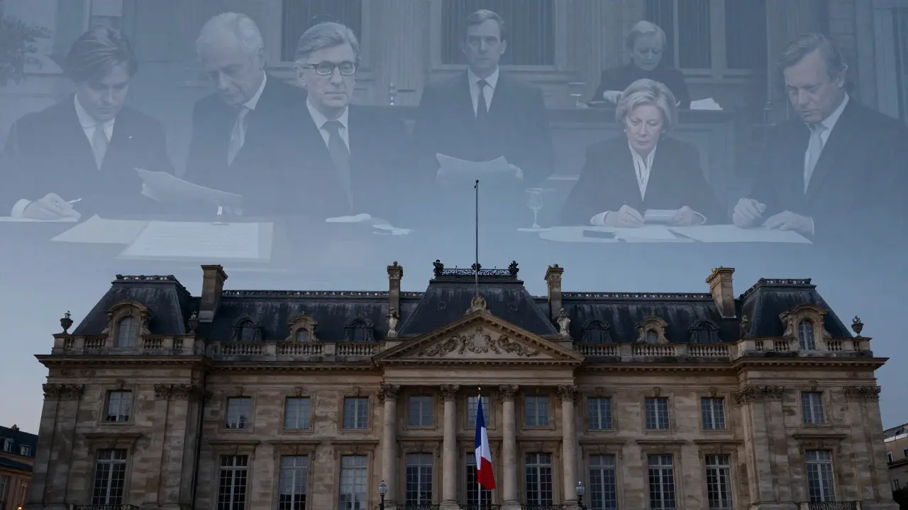 Exterior of Hôtel Matignon at dusk with faint historical silhouettes blending into the background.