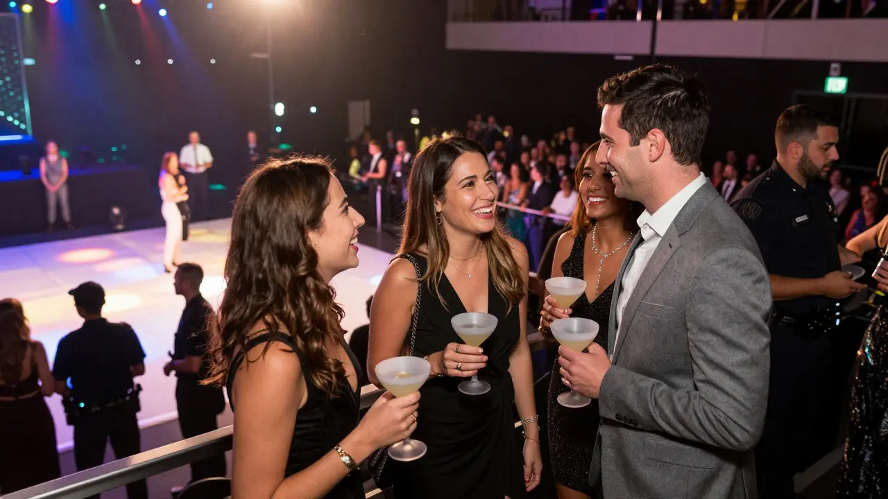 Group drinking on VIP balcony with security