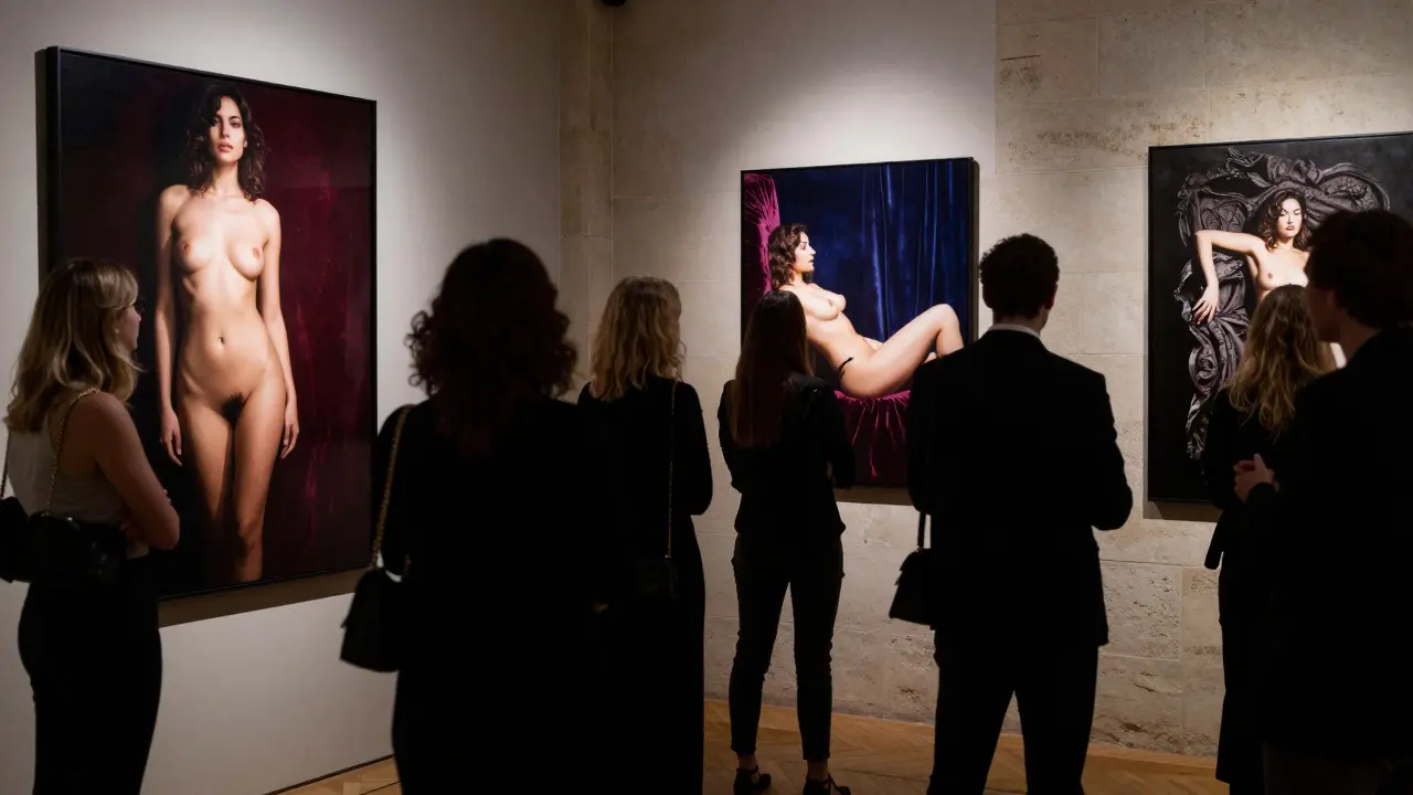 Guests at a private gallery viewing elegant sensual photographs displayed like masterpieces.