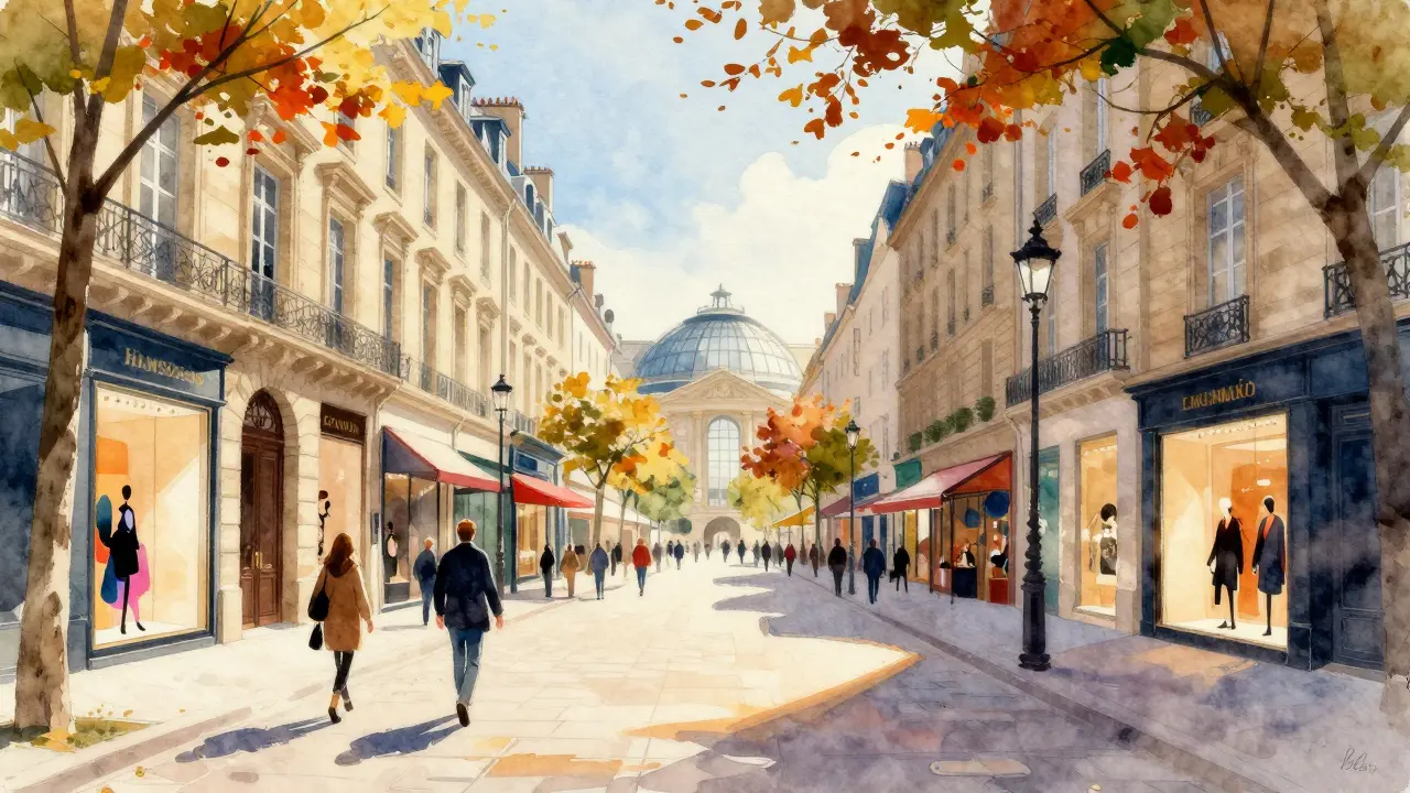 Historic Parisian shopping avenue lined with Haussmann buildings and seasonal trees