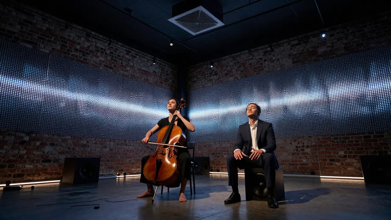 Inside an industrial underground space, a woman in bare feet and a man in a suit sit silently as LED walls pulse with sound-reactive light.