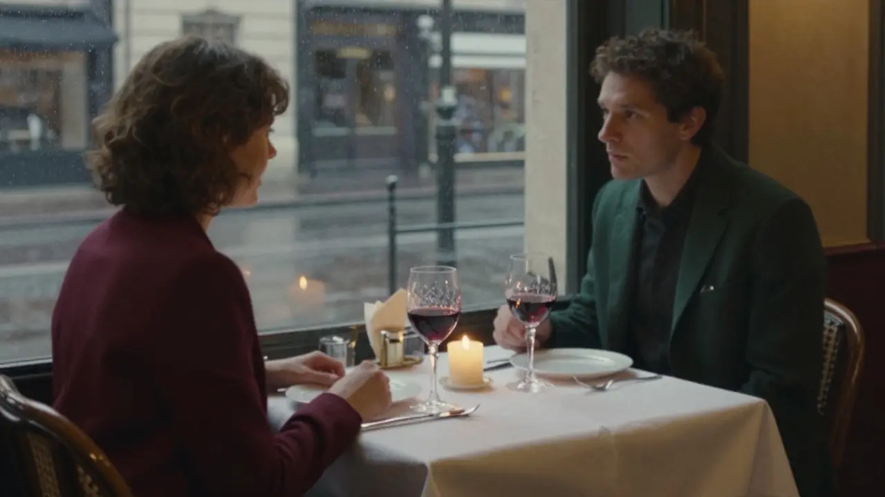 Intimate dinner setting in a Parisian bistro with wine and candlelight.