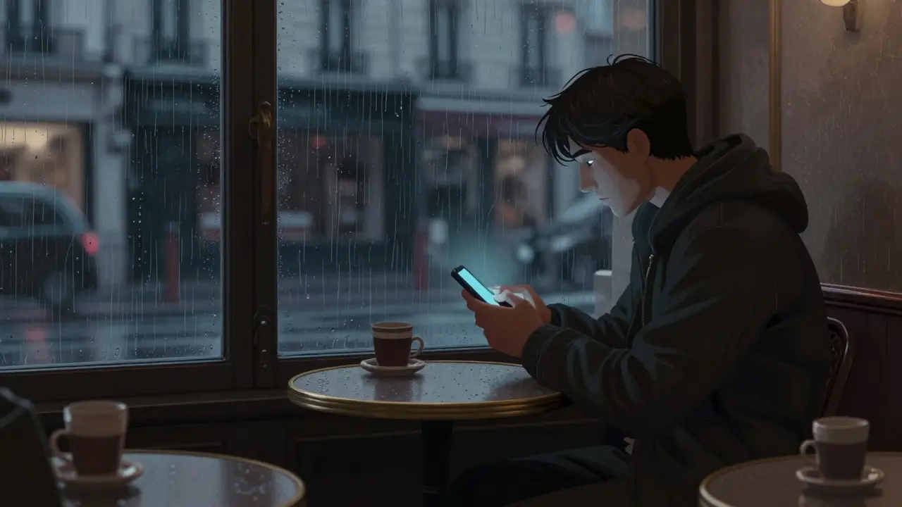 Lonely traveler looking at mobile phone inside a dimly lit cafe