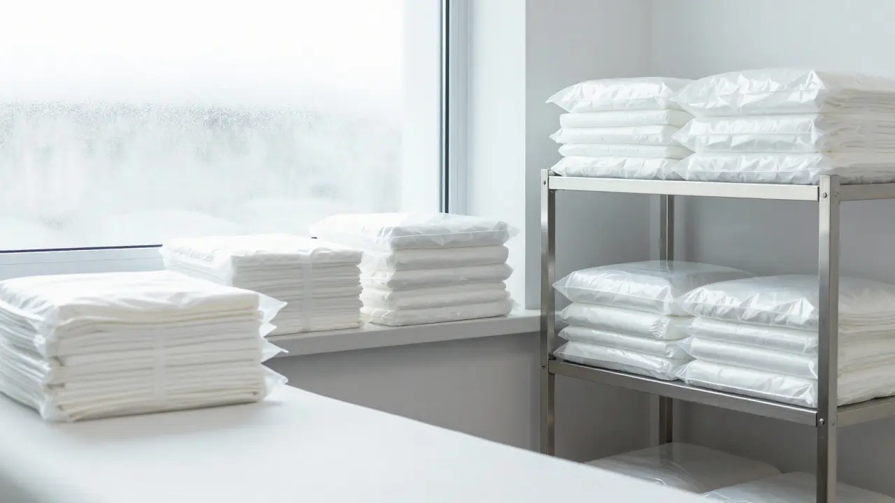 Sealed fresh linens stacked in clean treatment room