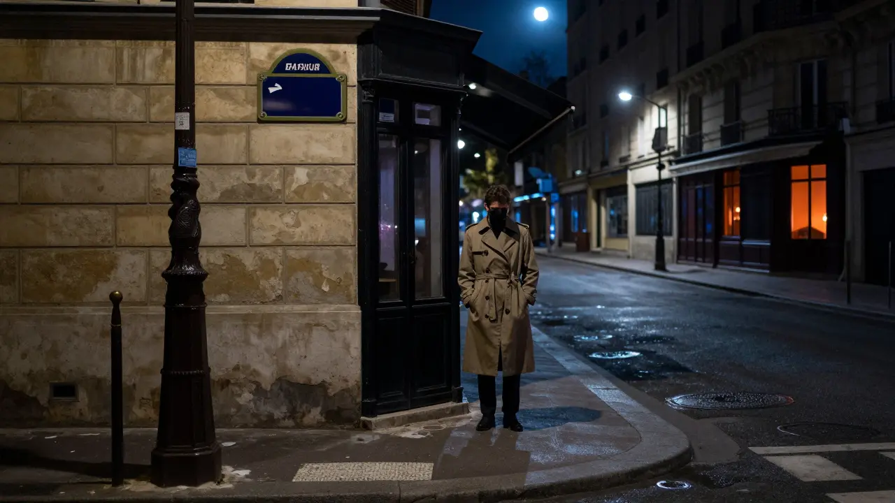 Solitary figure standing near a cafe entrance on a quiet Paris street at night.