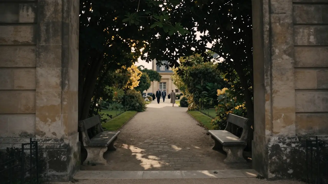 Sunlit garden behind Hôtel Matignon's walls, with a path and bench, evoking private political discussions.