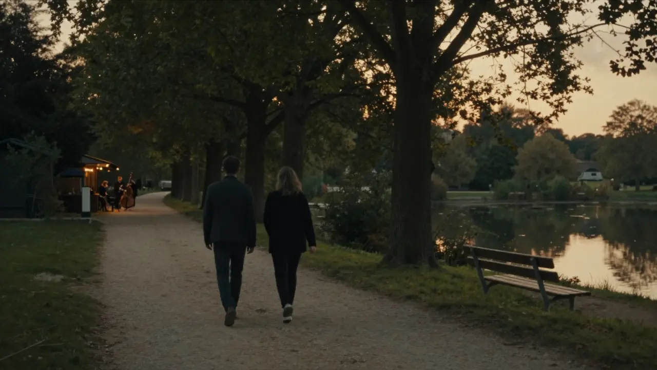 Two figures walking peacefully along a tree-lined path in Bois de Vincennes at twilight, lost in quiet company.