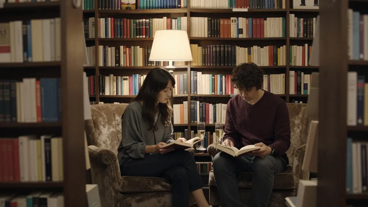 Two people sit together in a cozy Parisian bookshop, reading poetry under a warm lamp with Champagne beside them.
