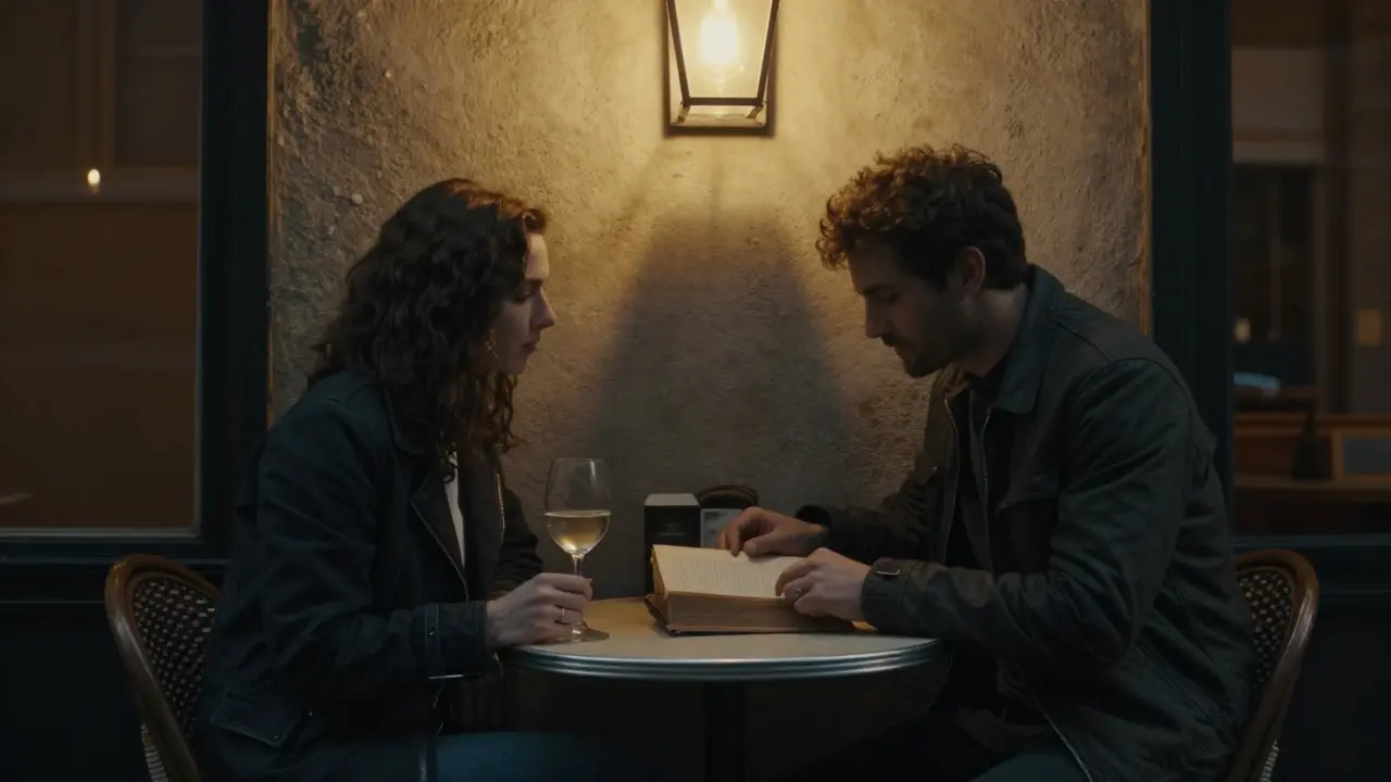 Two strangers sit silently at a café table late at night, one reading, the other holding wine, soft lamplight around them.