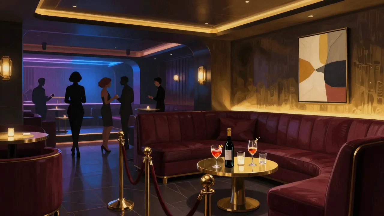 VIP lounge area with premium seating overlooking club dance floor