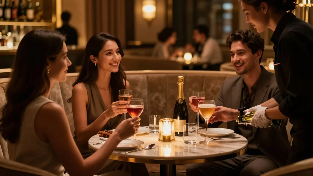 VIP table with cocktails and friends in a luxury club.